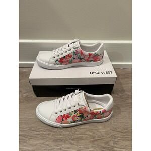 Nine West Layna3 Floral Sneakers White Pink Low Top Lace Up Shoes WNLAYNA3 7.5M